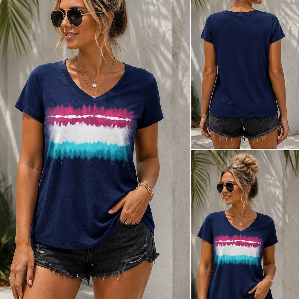 Tek Gear Women's V-Neck Short Sleeve T-Shirt Navy Tie-Dye Stripe Size L